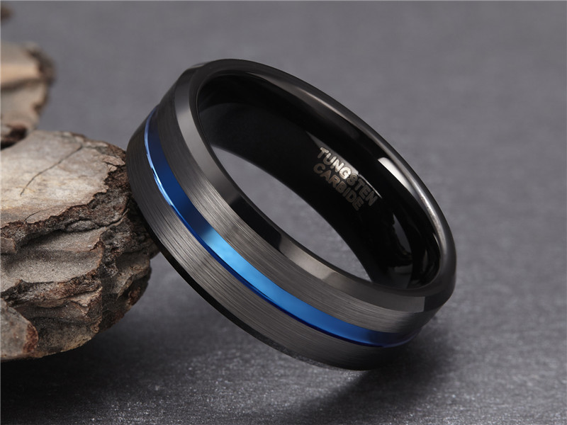 8mm tungsten alloy men's wedding engraving ring promises a comfortable fit for his black blue center groove ring