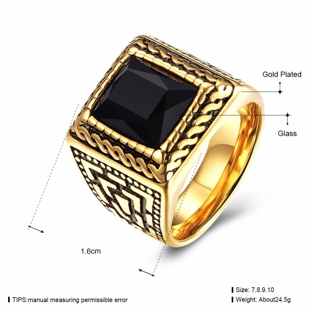 Square Black Stone Men Seal Ring Signet Gold Color Classic Wedding Band Male Rings Titanium Stainless Ring