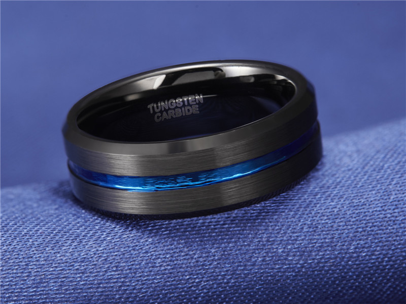 8mm tungsten alloy men's wedding engraving ring promises a comfortable fit for his black blue center groove ring