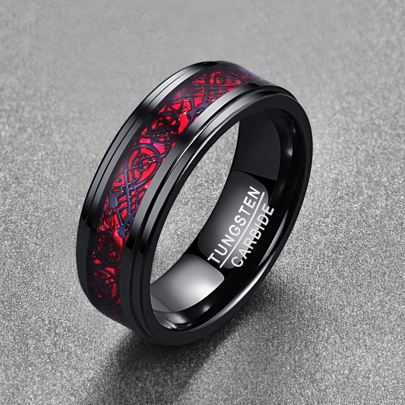 ring Men's Jewelry Electroplated black inlaid red Black dragon tread step tungsten ring