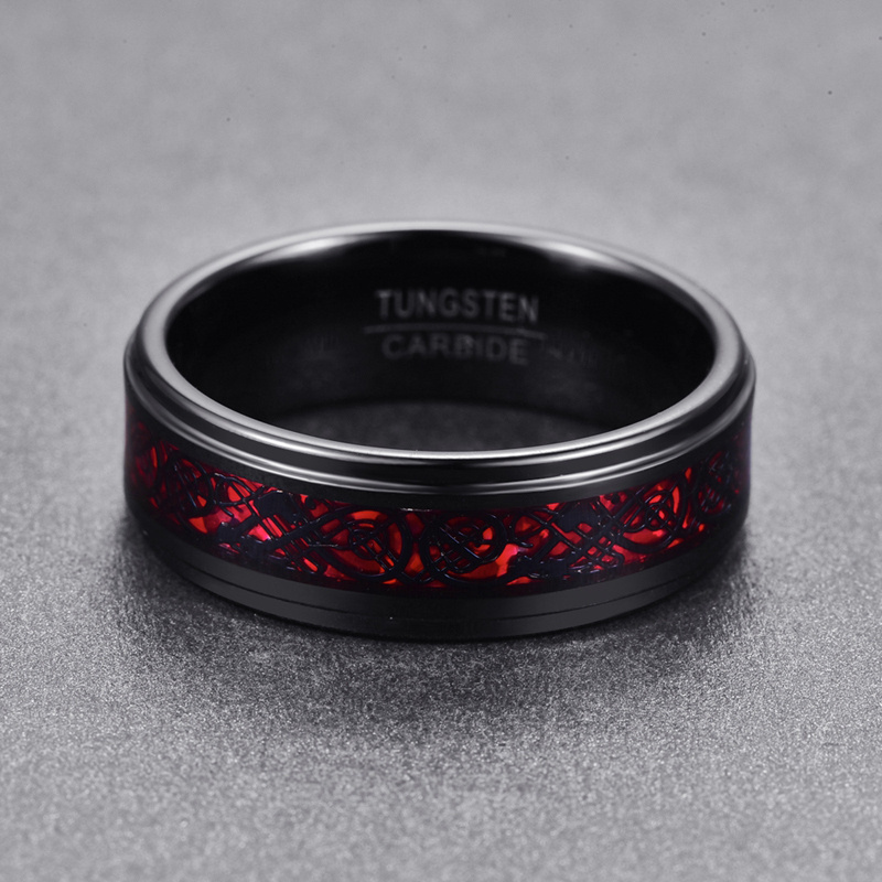 ring Men's Jewelry Electroplated black inlaid red Black dragon tread step tungsten ring