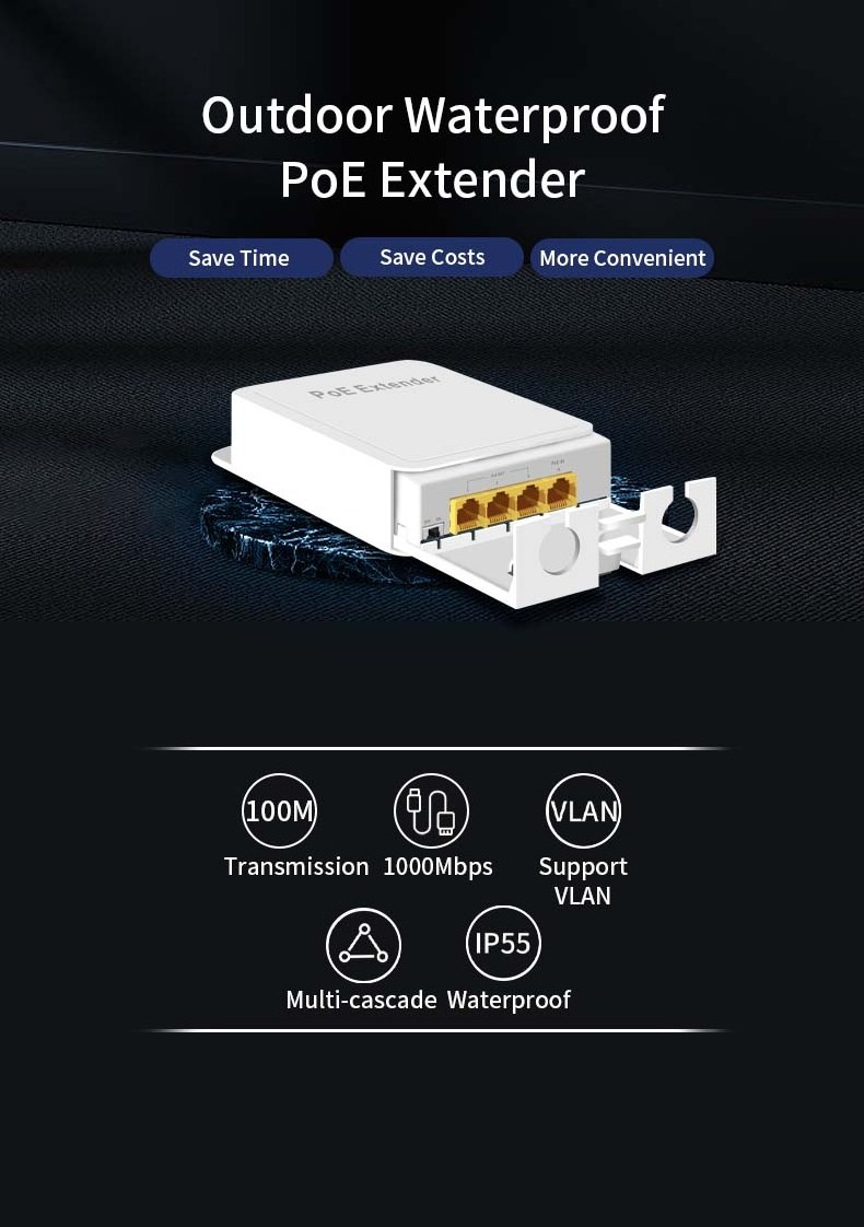 4-ports 1000Mbps Waterproof POE Extender 1 IN 3 OUT 10/100Mbps for POE Switch NVR IP Camera