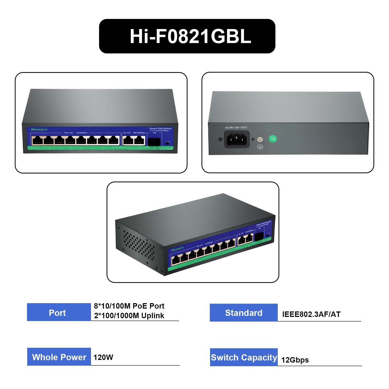 100Mbps PoE Switch 8 Port With 2 Gigabit Uplink 48V Smart Power Over Ethernet Switches Network Switcher For CCTV Camera