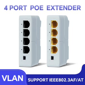 5 Port PoE Extender, IEEE 802.3 af/at/bt PoE Repeater, 10/100Mbps, 1 PoE in 4 PoE Out, Wall & Din Rail