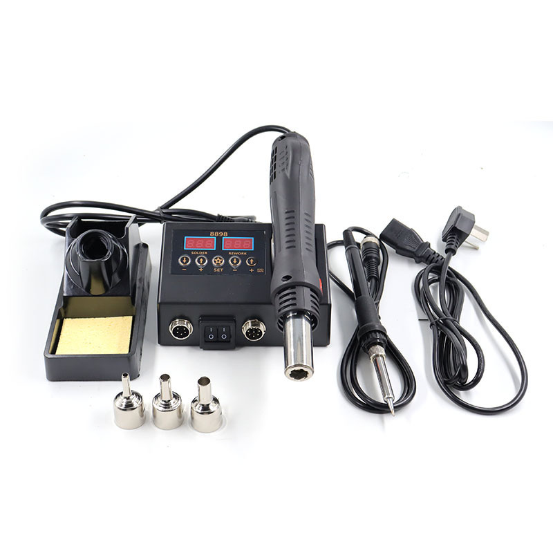 8898 welding rework station 2 in 1 multi-function soldering station welding iron heat gun, adjustable temperature and air volume