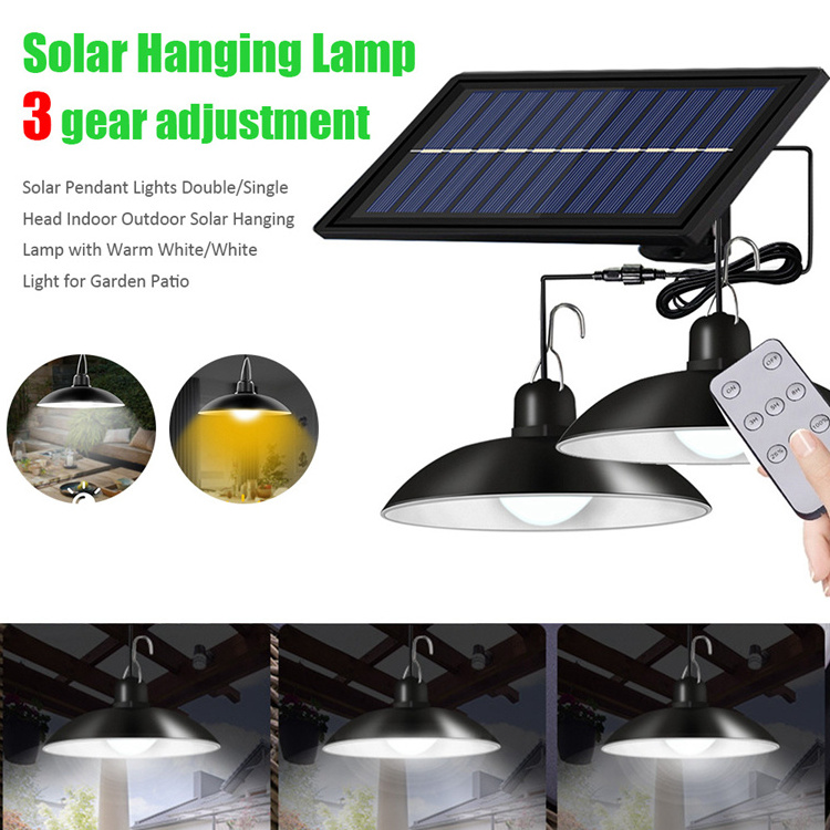 Dimmable Outdoor Double Heads Solar Power Led Pendant Light Warm/cold Solar Powered Hanging Shed Lights With Remote Control