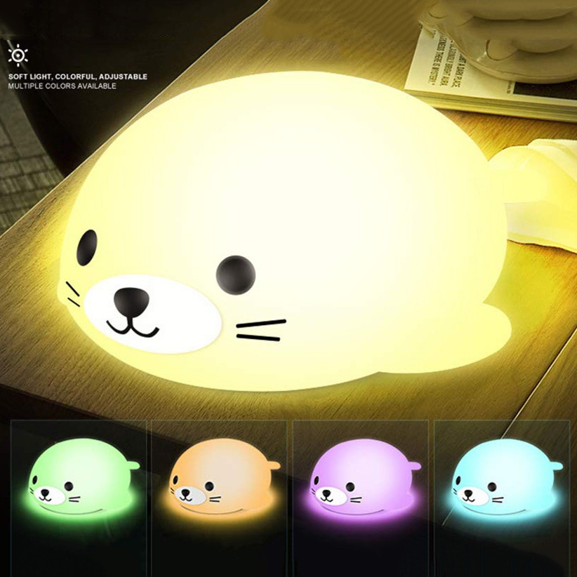 Night Light for Kids Baby Cute Seal Soft Silicone Cat Nursery Lamp Tap Control Color Changing Bedroom Breastfeeding Nightlight