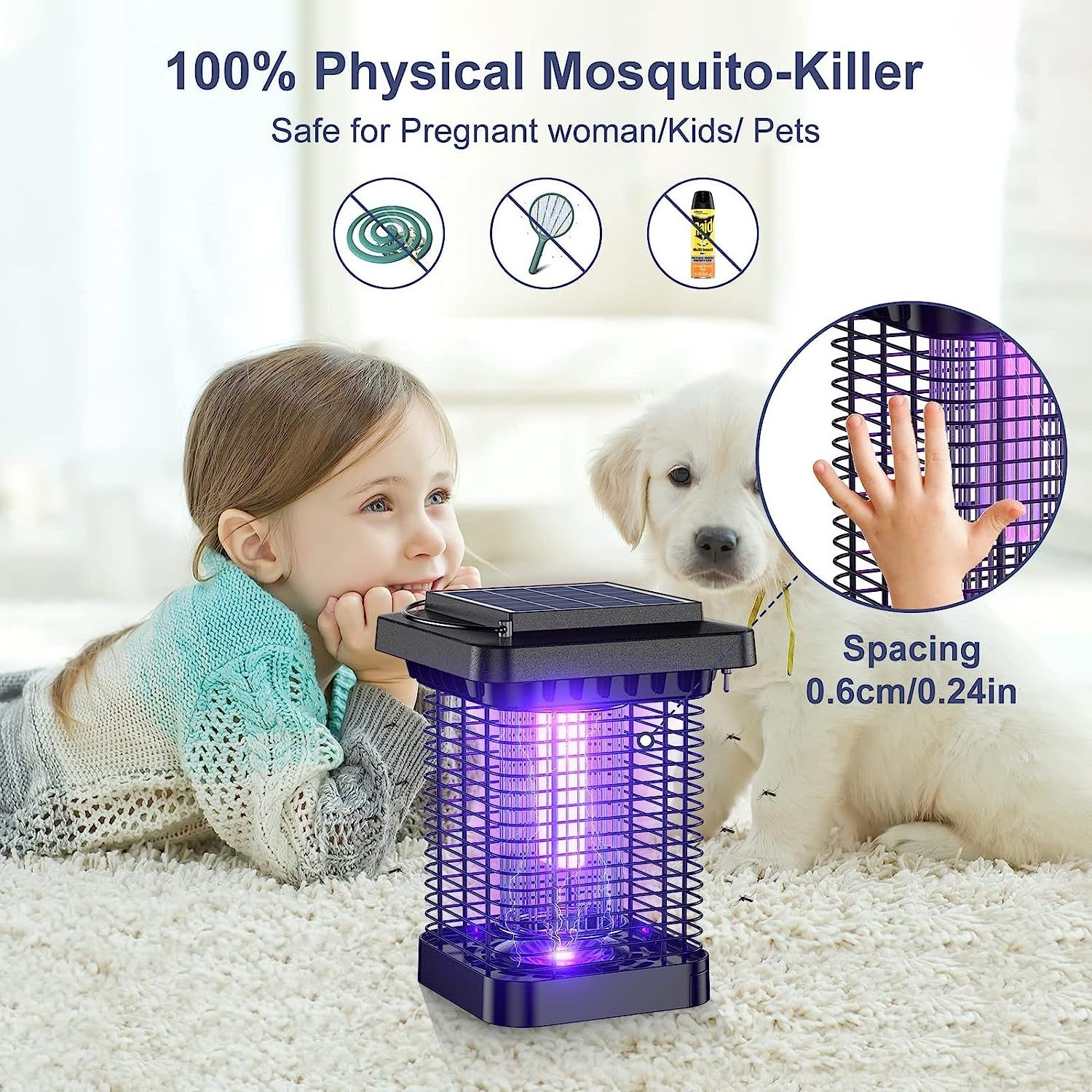 solar mosquito killer white UV LED Bug Zapper Bug Zapper 1W 1300V outdoor waterproof IP65 support DC power Mosquito Zapper