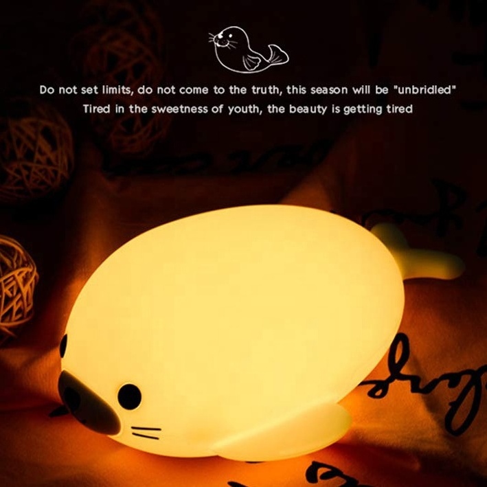 Night Light for Kids Baby Cute Seal Soft Silicone Cat Nursery Lamp Tap Control Color Changing Bedroom Breastfeeding Nightlight