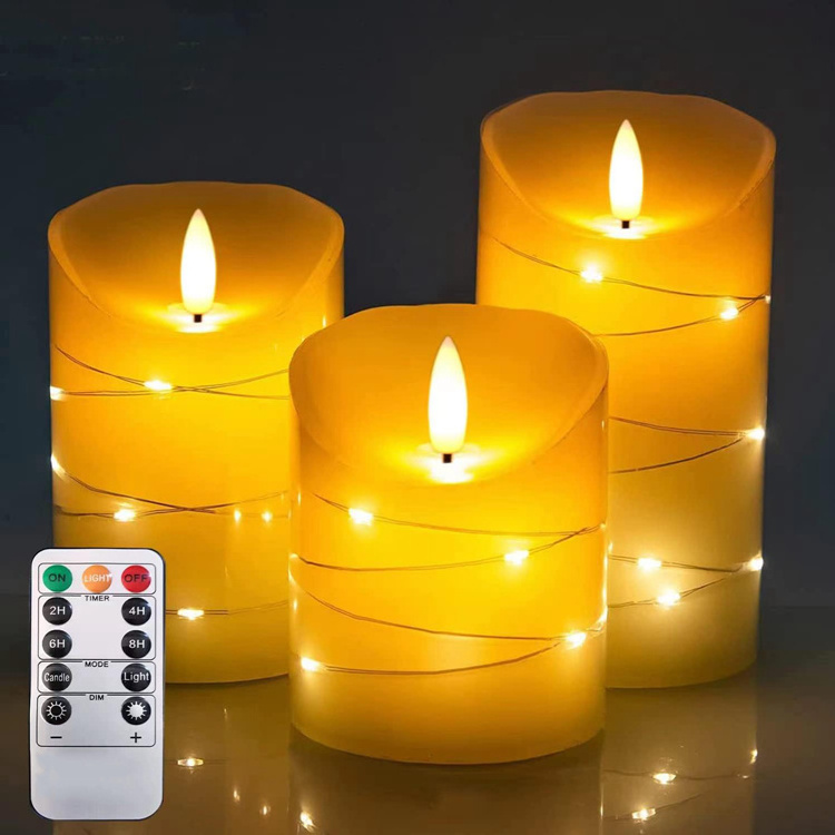 battery power led candle lights 3pcs one set warm white with remote with led copper fairy string lights for Christmas holiday