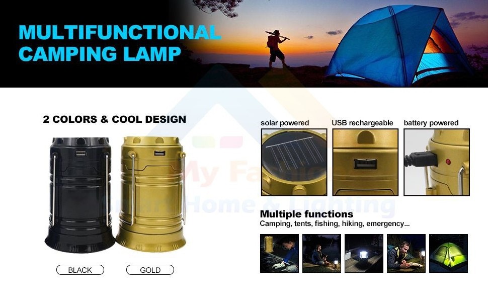 2-in-1 Rechargeable Camping Lantern Solar Flashlight Emergency Lantern