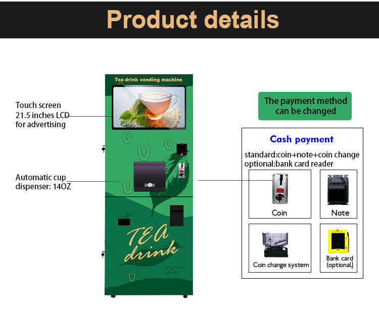 Smart Fully Automatic Self Cup Tea Vending Machine Premix Commercial SDK Carbon Steel Case with Tempered Glass