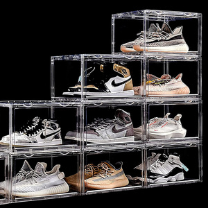 Custom Wholesale Transparent Clear Gift Boxing Drop Front Shoe Stackable Magnetic Storage Acrylic Display Box for Sneaker