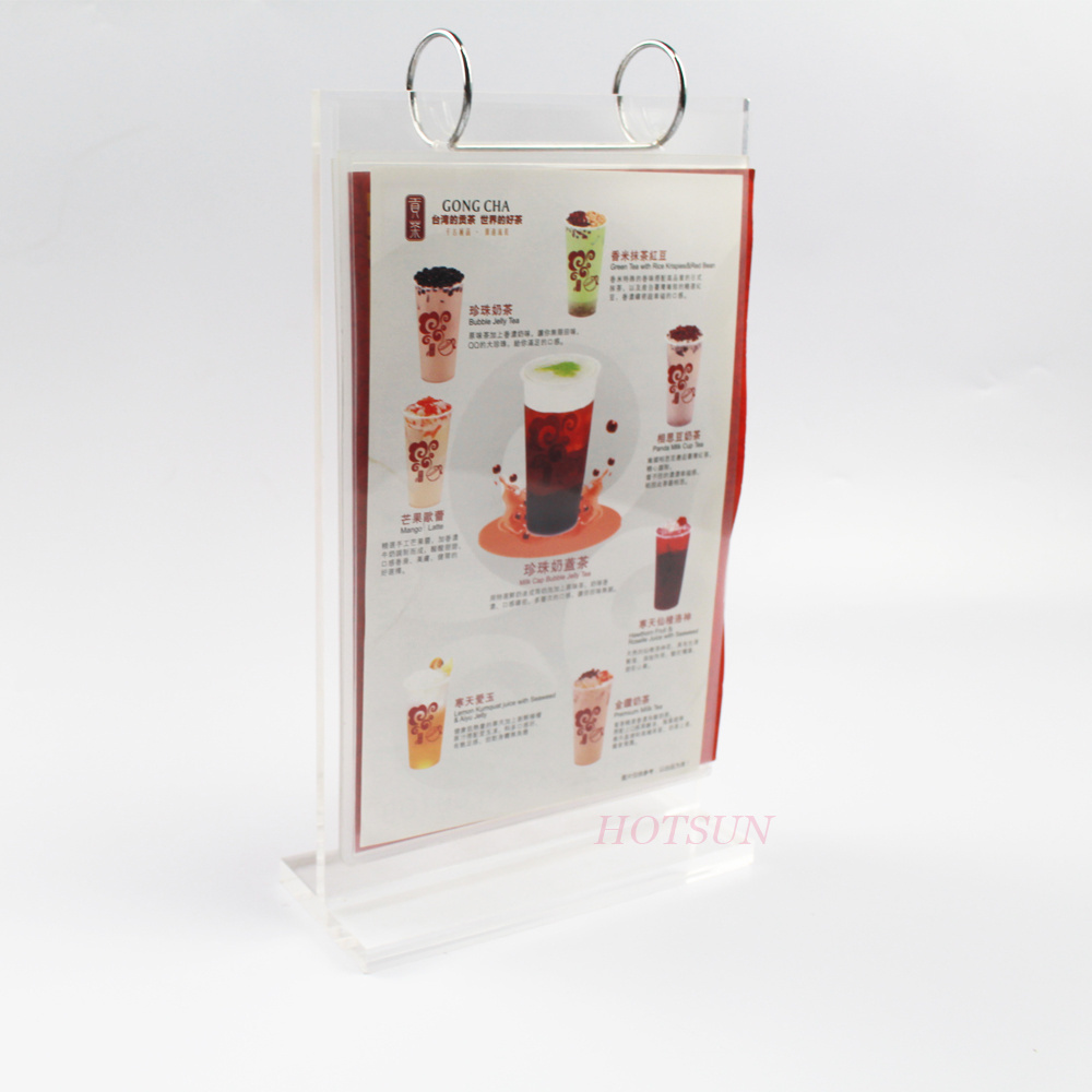 High Quality Metal Ring Flip Menu Holder T Shape A5 Acrylic Table Menu Stand