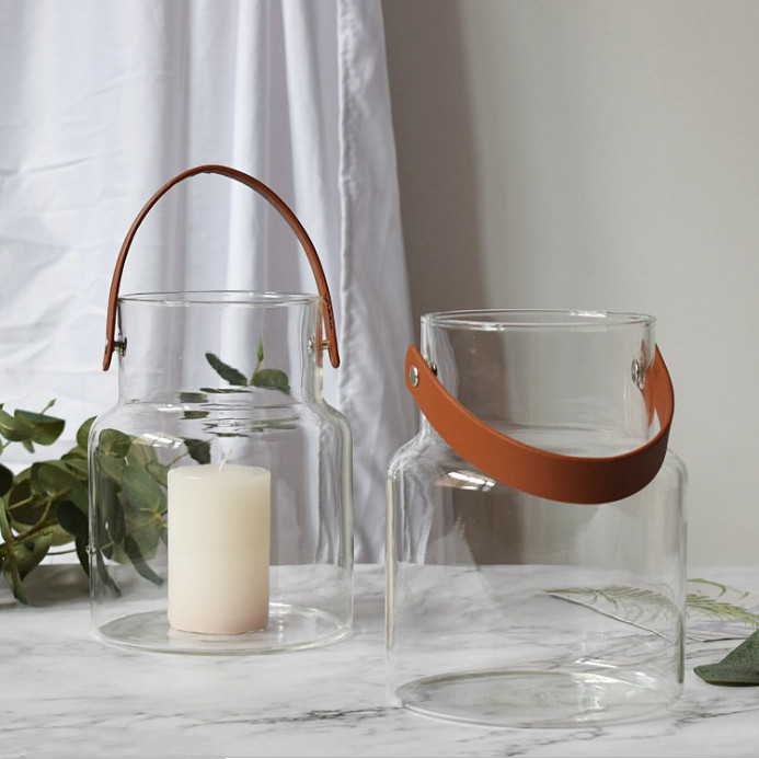 Hanging glass hurricane candle lantern glass vase with leather handle