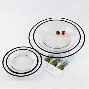 Wholesale  Wedding Decoration Clear Dinner Plates Transparent Black Rim Glass Plate Restaurant Dishes