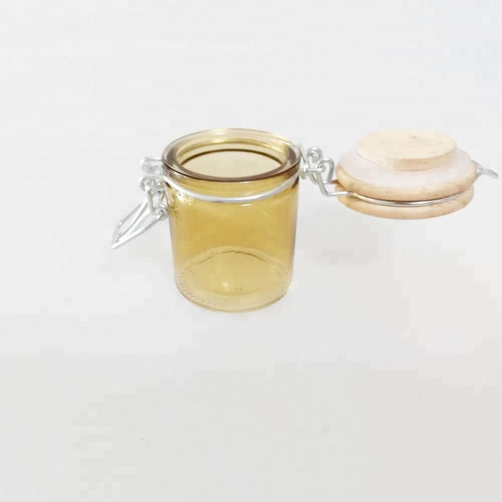 Mini 50ml Amber Color Glass Jar with Wooden Lid Printing Logo Glass Storage Jar with Swing Top