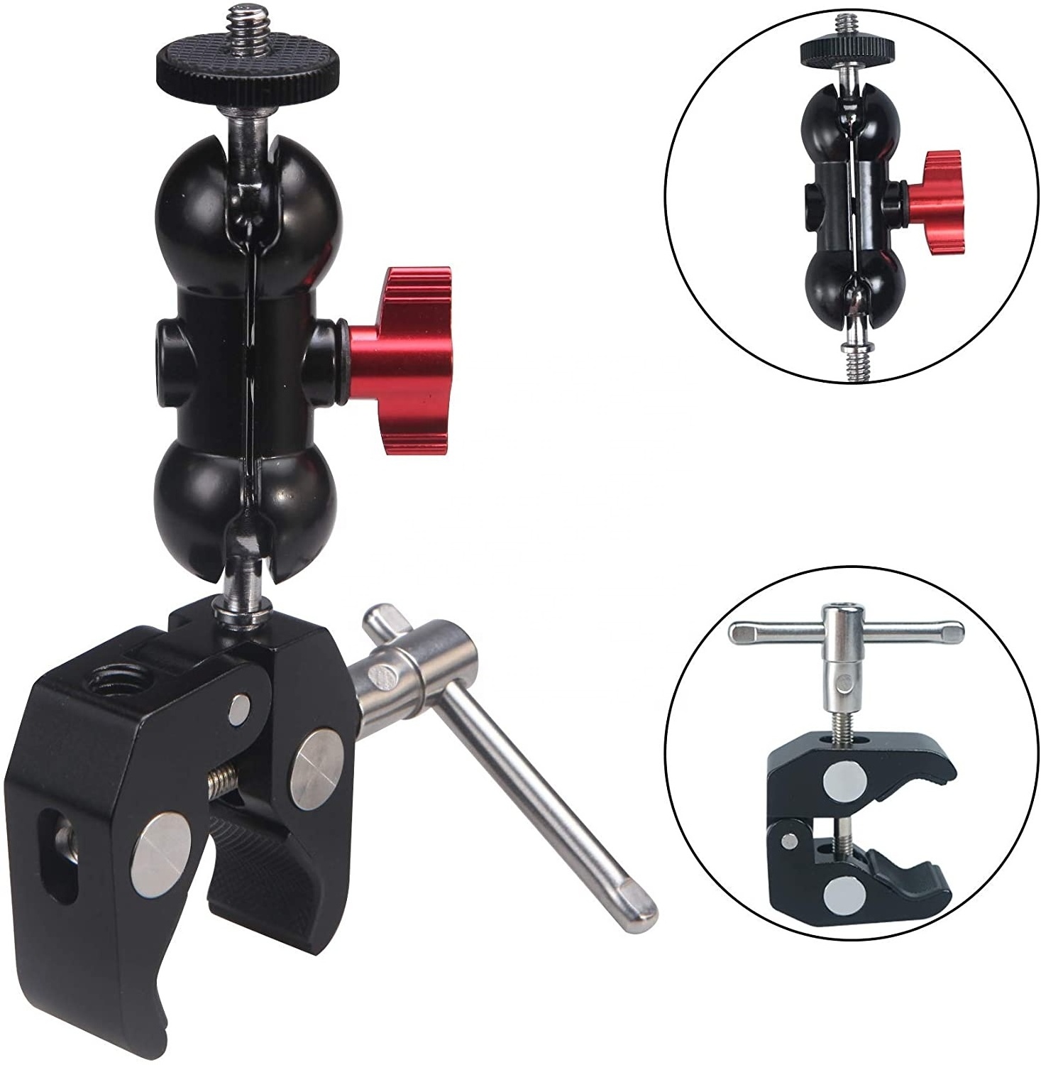 Superclamp Metal 1/4'' Screw Action Camera Phone Bracket Support Double Ball Head Mount Clamp for Gopro Microphone more