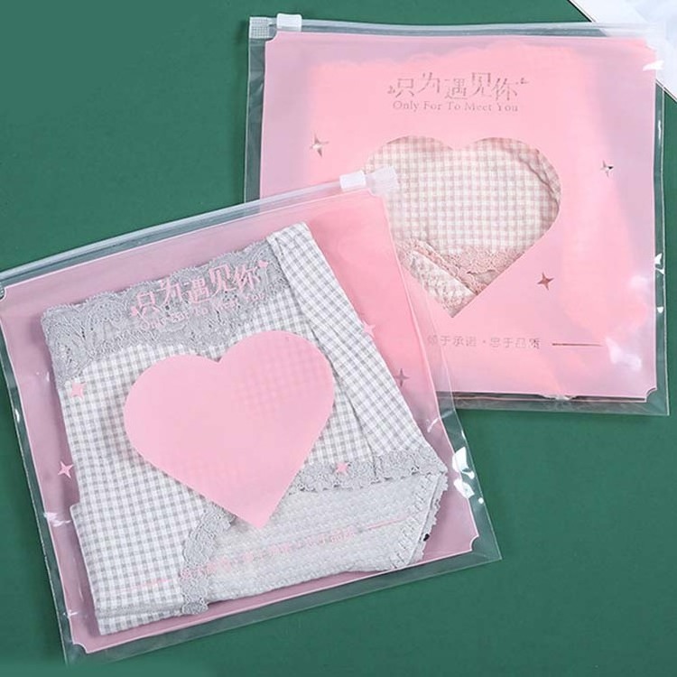 Pink Heart Pe Ziplock Bikini Bag Silk Scarf Clothing Zipper Mask Pouch Clear Frosted Cute Swimsuit Panty Packing Bag