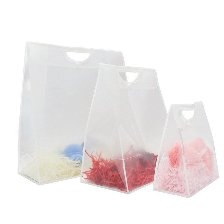 Cristal Reusable Eco Friendly PVC Christmas Clear Transparent Small Mini Plastic Frosted PP Gift Tote Bags With White Handle