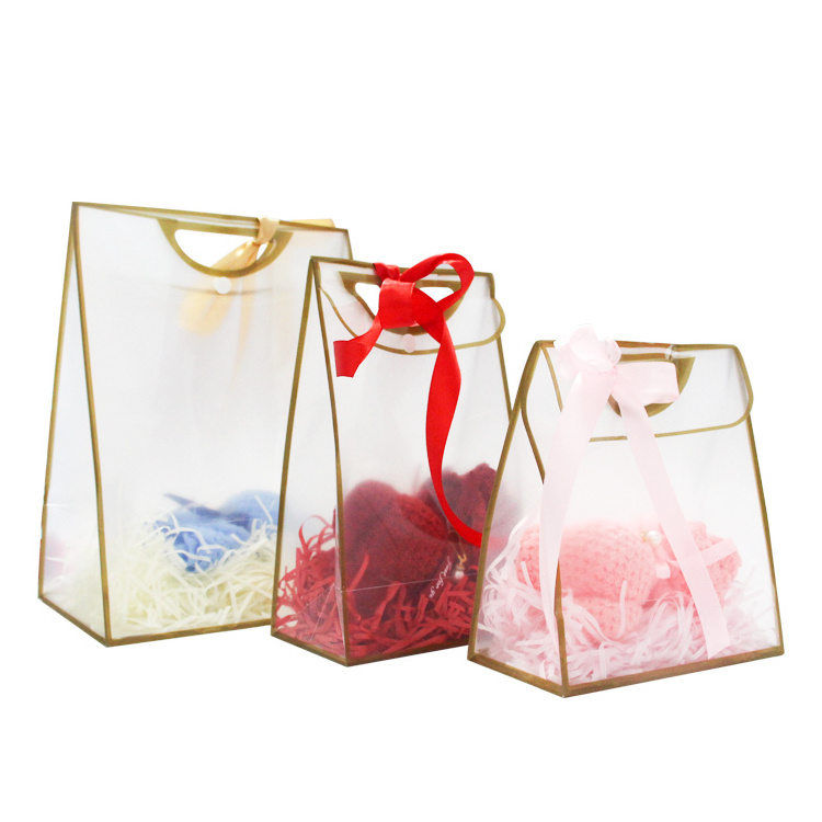 Cristal Reusable Eco Friendly PVC Christmas Clear Transparent Small Mini Plastic Frosted PP Gift Tote Bags With White Handle