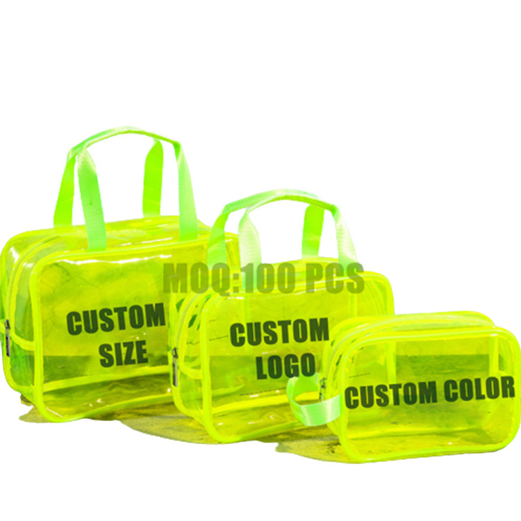 Waterproof Custom Travel Clear Women Toiletry Makeup Storage Bag Large Capacity 3 Set Green Neon Transparent PVC Cosmetic Bag