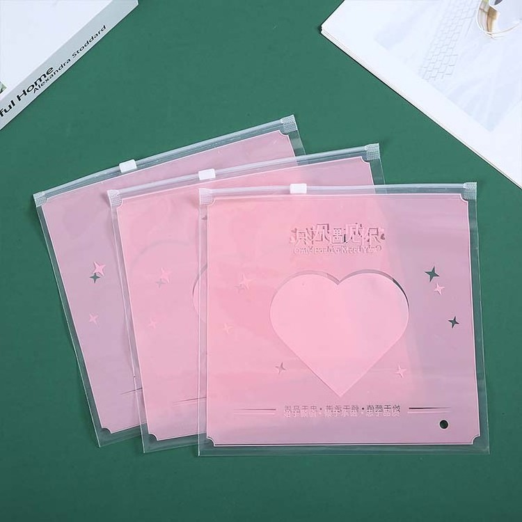 Pink Heart Pe Ziplock Bikini Bag Silk Scarf Clothing Zipper Mask Pouch Clear Frosted Cute Swimsuit Panty Packing Bag