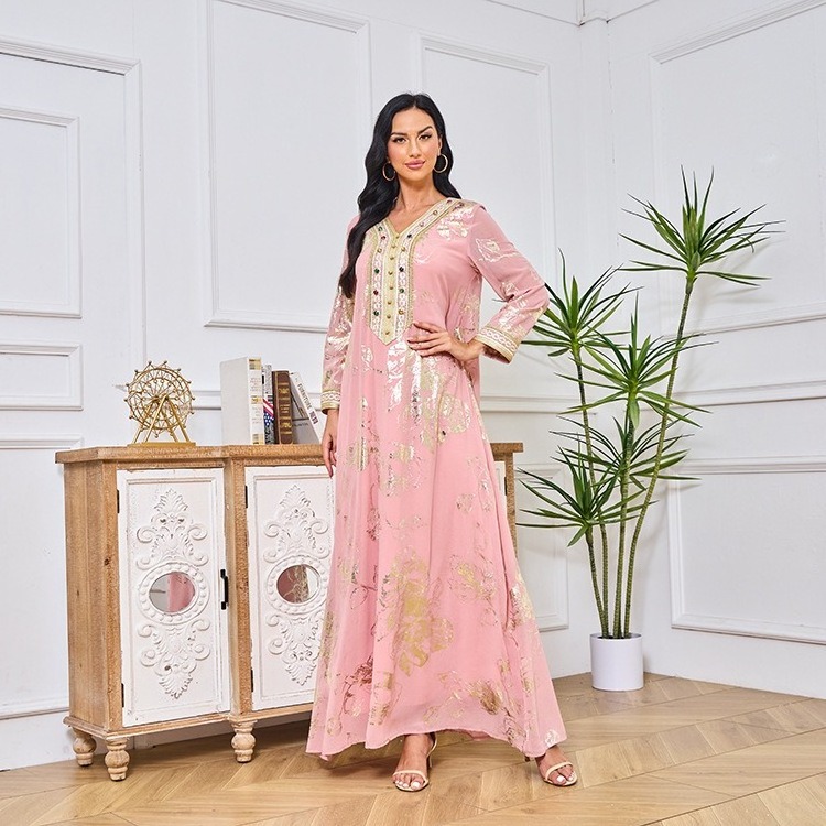 Cross-Border Middle East 2023 Spring New Muslim Hot Gold Fashion Robe With Belt Pink Dress