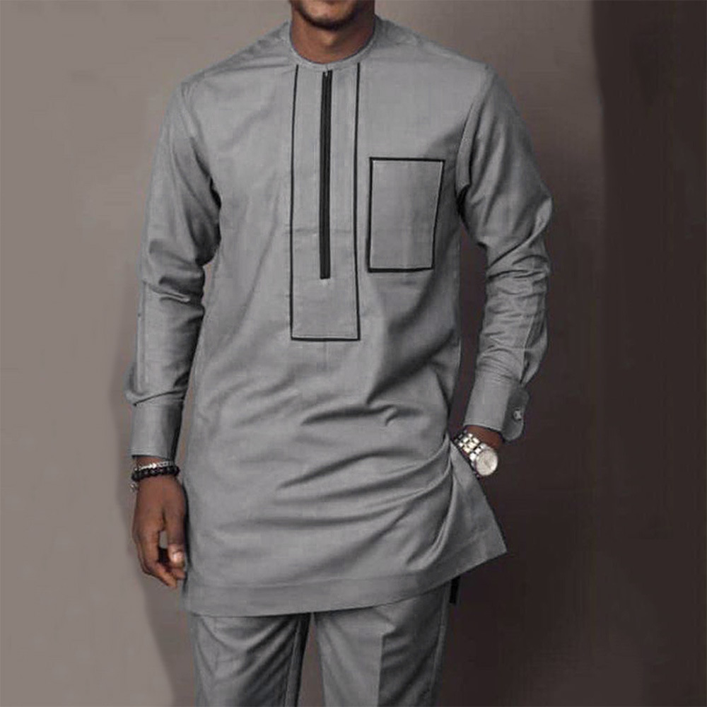 African Men's High Quality Casual Suit Pants Set  Gray African Print Men's Clothing African Wedding Banquet Clothing