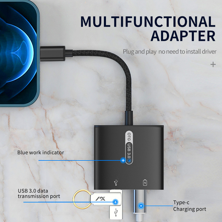 2 in 1 type c otg to usb 3.0 adapter with fast charge usb c otg adapter splitter for Sony Samsung Google