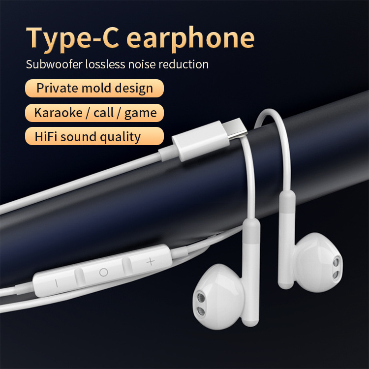 Quality type-c wired headphone for iphone 15 bass boosted In-ear gaming  wired usb c earphone with mic for Samsung Google