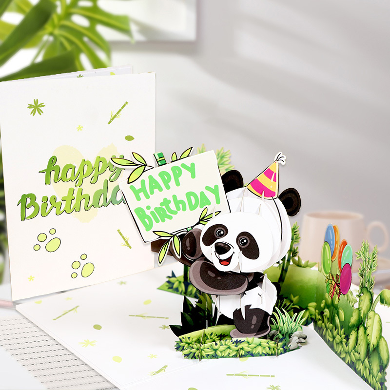 Winpsheng personalized giant panda design 3d happy birthday laser cutting pop up card