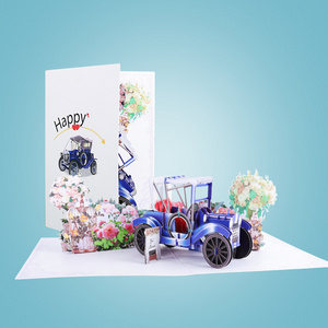 New design custom cool 3d classic bule car laser cut pop up wedding invitations cards