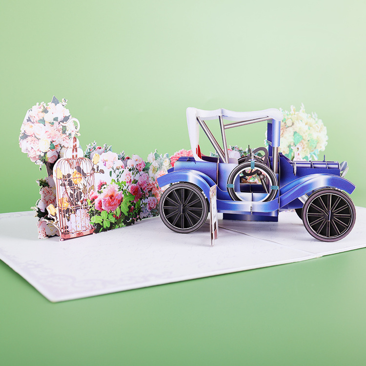 New design custom cool 3d classic bule car laser cut pop up wedding invitations cards