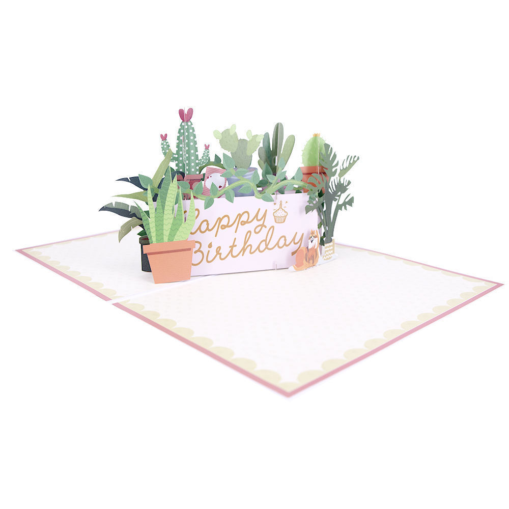 Winpsheng  Handmade Paper Greeting Card Happy Birthday Laser 3D Pop Up cactus Plant Greeting Card  Pop Up Card