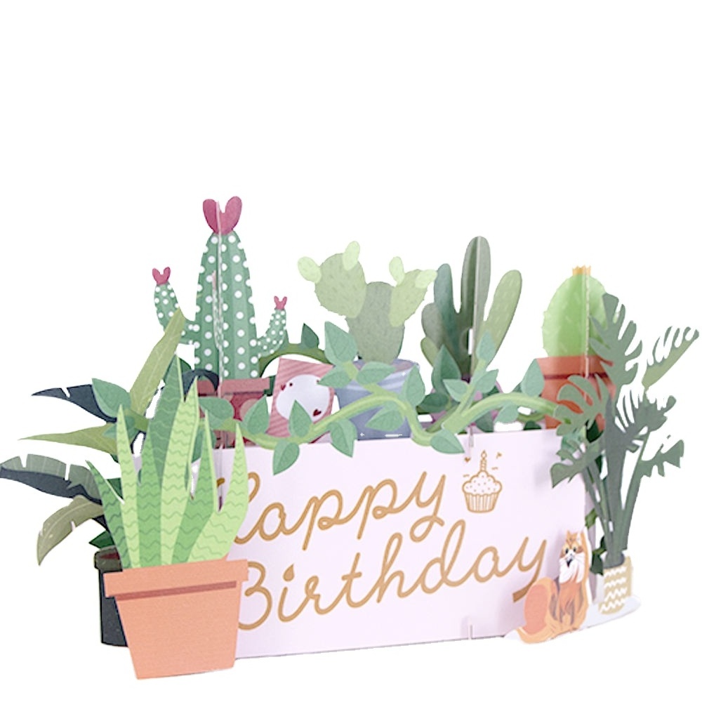 Winpsheng  Handmade Paper Greeting Card Happy Birthday Laser 3D Pop Up cactus Plant Greeting Card  Pop Up Card