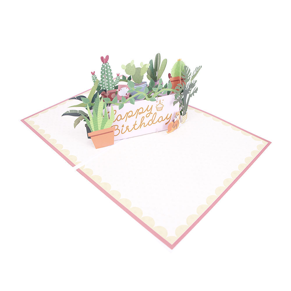 Winpsheng  Handmade Paper Greeting Card Happy Birthday Laser 3D Pop Up cactus Plant Greeting Card  Pop Up Card