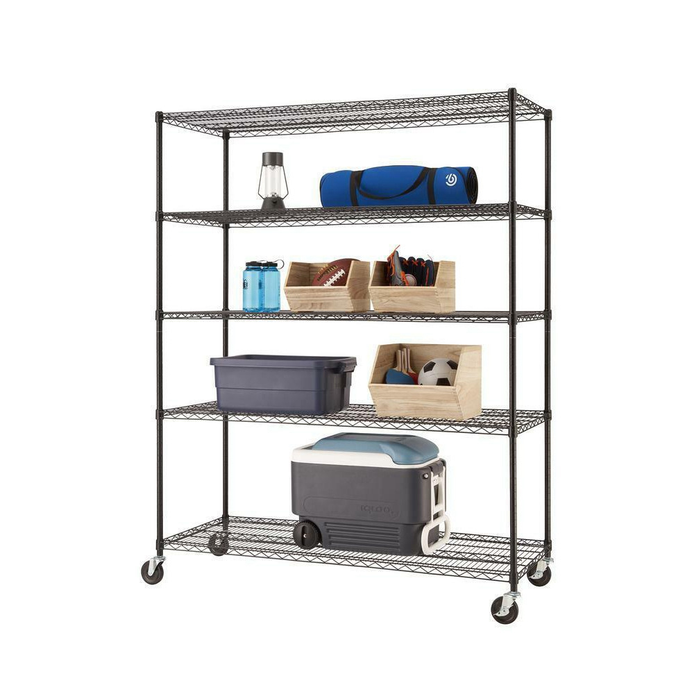 Home 5tier Movable Metal Storage Wire Shelving Rack Chrome Wire Shelves with Wheels