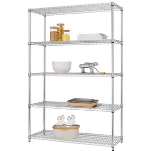 Home 5tier Movable Metal Storage Wire Shelving Rack Chrome Wire Shelves with Wheels