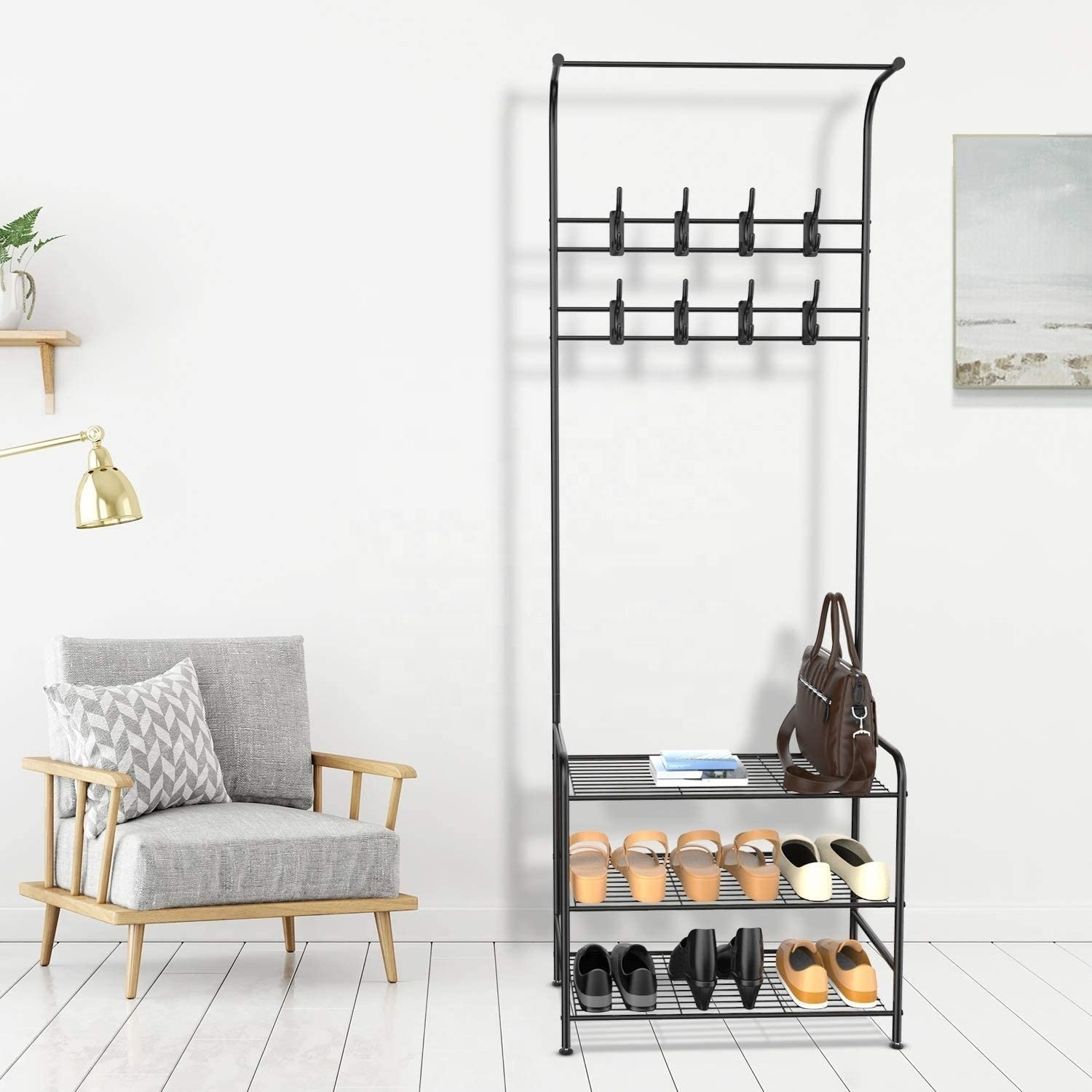 Entryway Coat Rack Shoe Bench, 3-in-1 Hall Tree, 3-Tier Storage Shelves with 16 Hooks Multifunctional Hallway Organizer