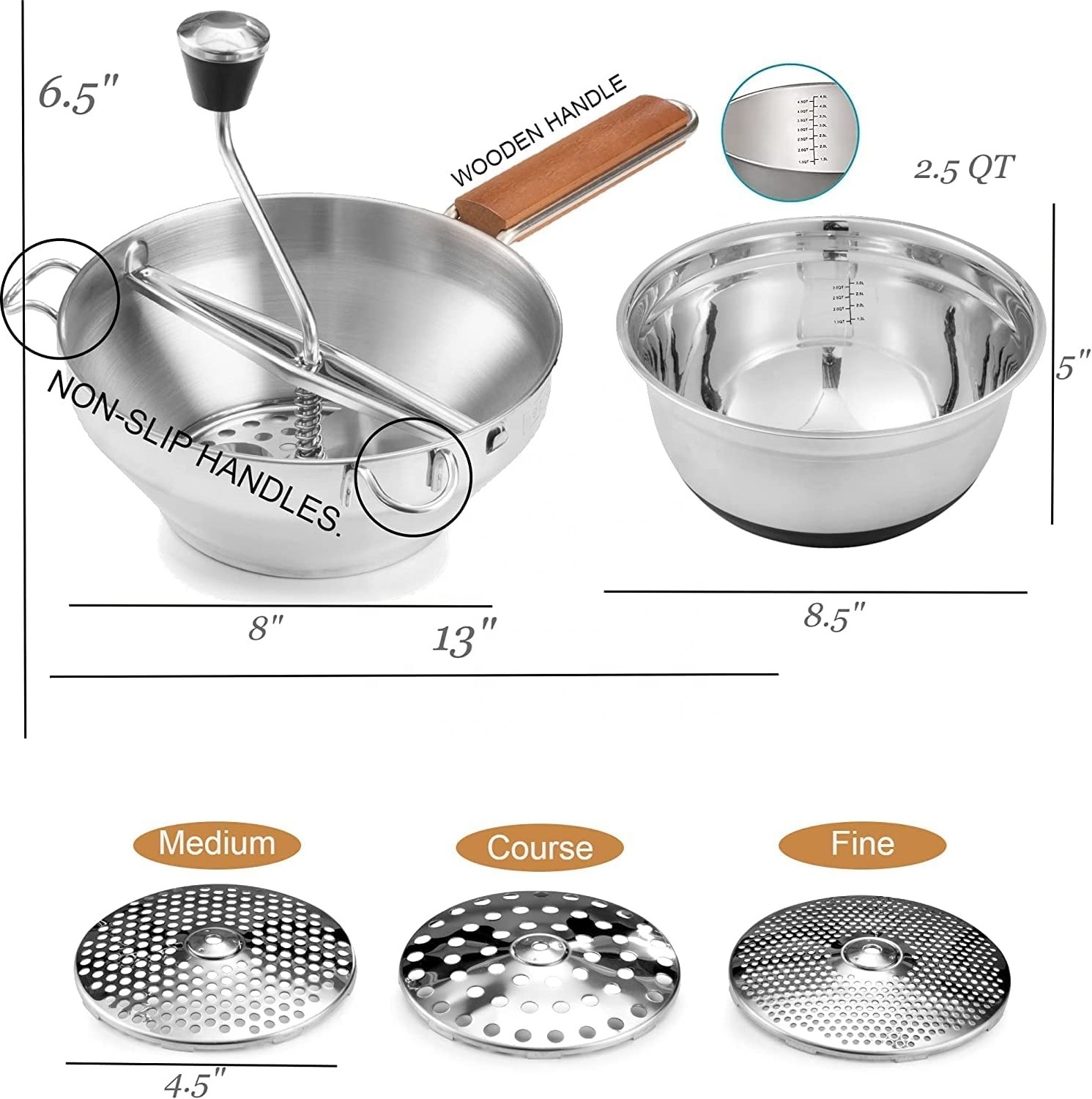 Stainless Steel Kitchen Mill for Mashing With 3 Grinding Milling Disc for Tomato Sauce Food Mill with Mixing Bowl