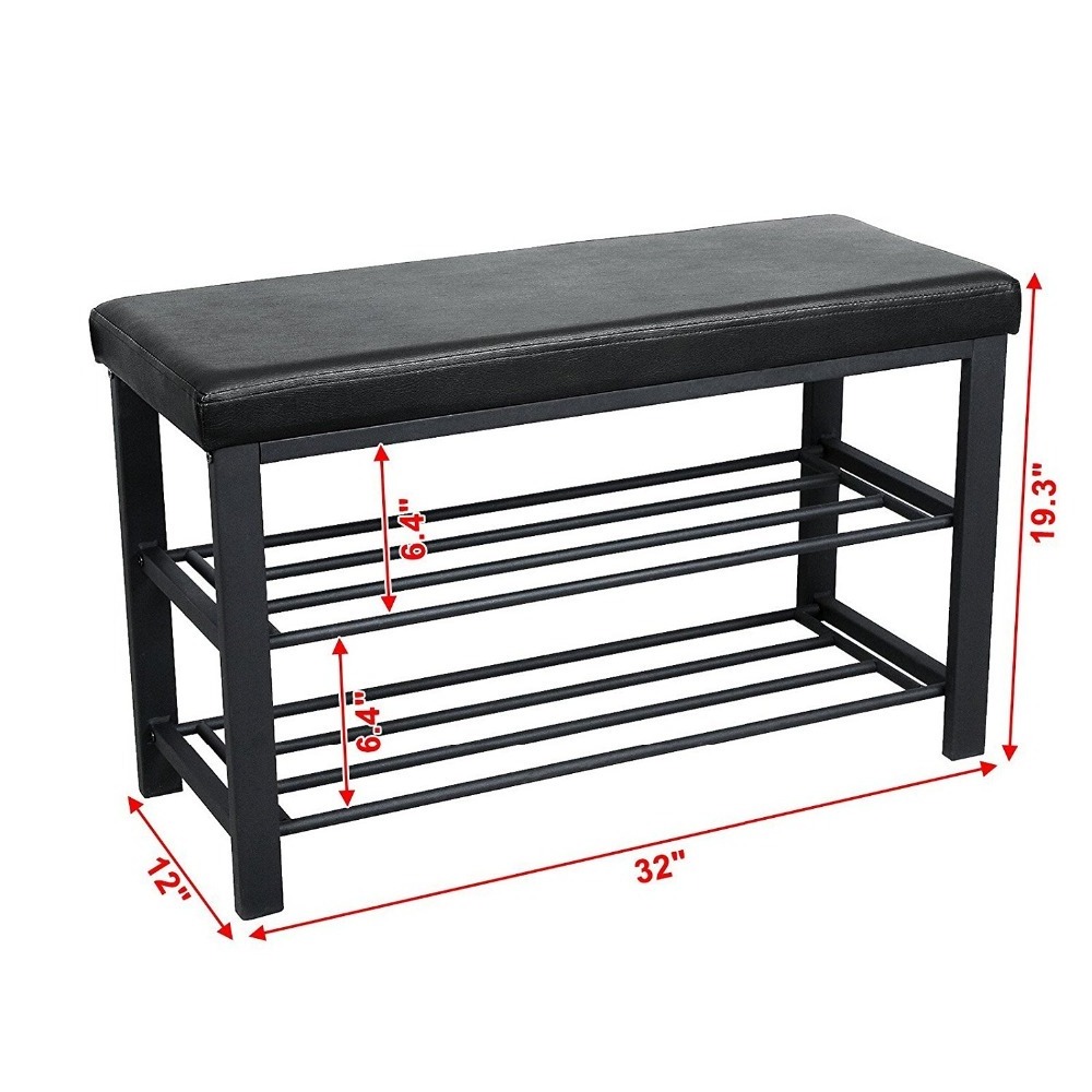 Metal Shoe Bench 2-Tier Shoe Rack Faux Leather Top Entryway Shoe Storage Organizer