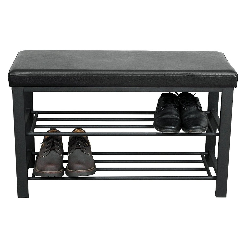 Metal Shoe Bench 2-Tier Shoe Rack Faux Leather Top Entryway Shoe Storage Organizer