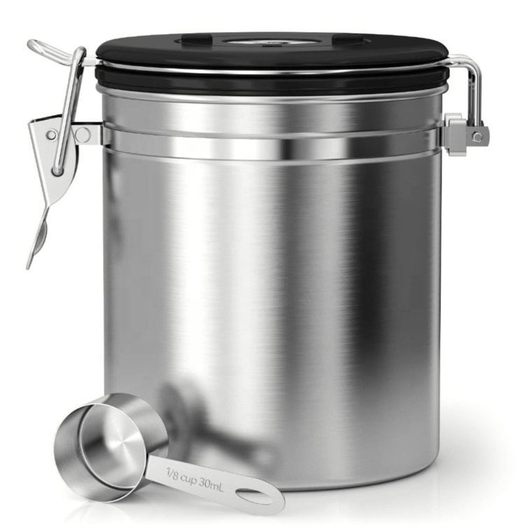 Coffee Stainless Steel Container - Canister with co2 Valve, Scoop - Medium, Silver