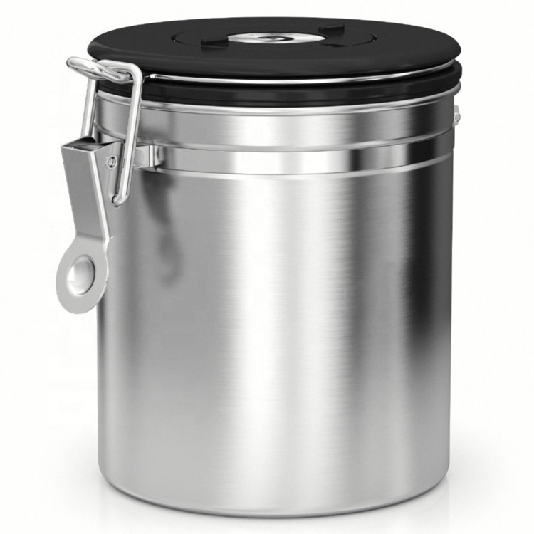 Coffee Stainless Steel Container - Canister with co2 Valve, Scoop - Medium, Silver