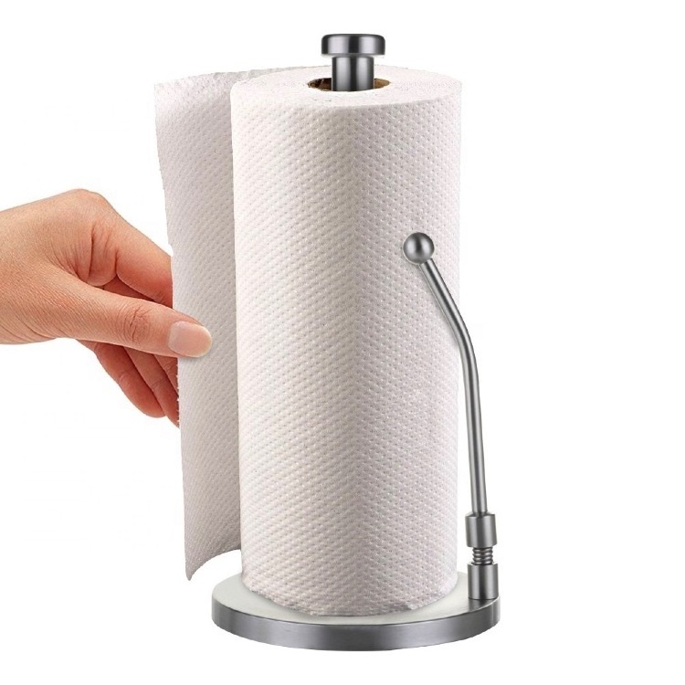 Kitchen Paper Towel Holder, Stainless Steel Standing One-Handed Tear Paper Towel Container with Adjustable Spring Loaded Arm