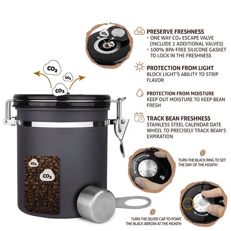 Coffee Canister Airtight Coffee Bean Storage Container Stainless Steel Coffee Ground Vault Jar with CO2 Release Valve