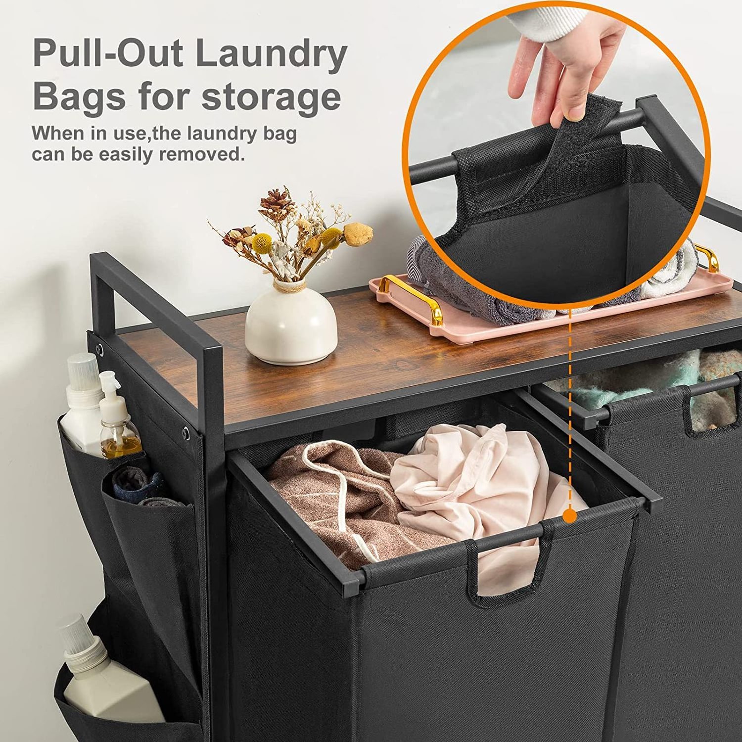 Rolling Laundry Basket Organizer with Wheels, Iron-Made Laundry Sorter with Top Shelf  2 bags Double Laundry Hamper with Lid