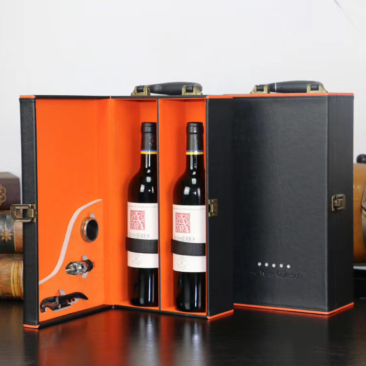 Two Bottles Cardboard PU Leather Wine Packing Carrier Wooden Wine Gift Box For Wine Bottle