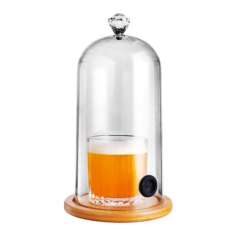 Wholesale Candle Jars Cocktail Infuser Smoking Gun Glass Cloche Dome With Wooden Base